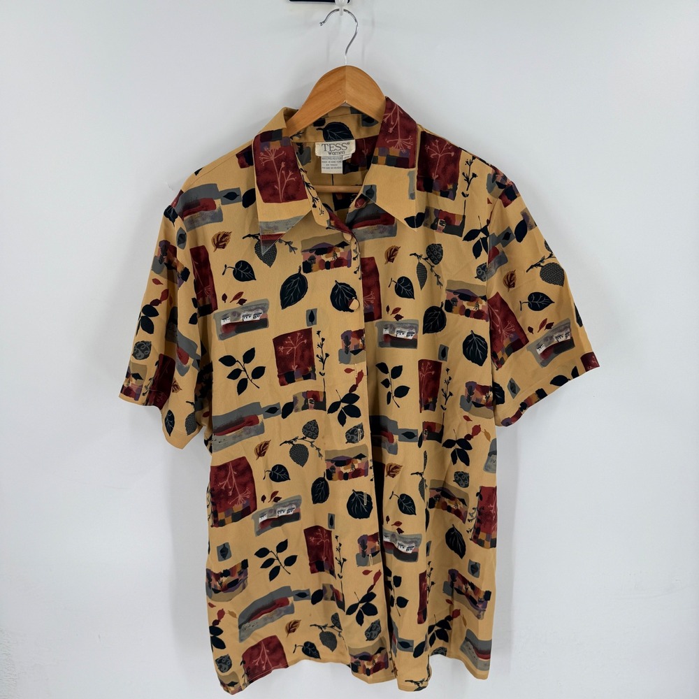 Vintage Tess Women Button Up Blouse Tan 2X Abstract Leaf Print Fall Autumn